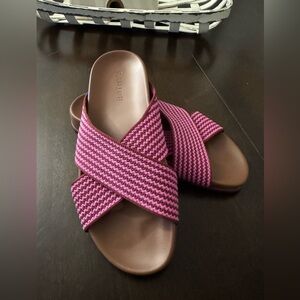Rothy's Striped Pink and Brown sandals.       The Weekend Slide